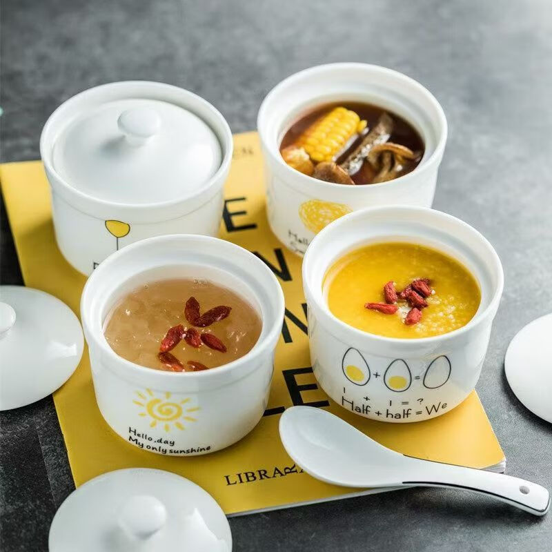 4-inch ceramic water-proof stew pot with lid, bird's nest steamed egg custard bowl, Shaxian snack stew pot, household commercial soup 4-inch stew pot - Dream series, set of four