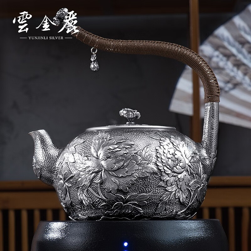 Yun Jinli 999 Pure Silver Boil Kettle Kung Fu Tea Set Handmade Lift Boil Tea Kettle Investment Collection Gift to Teachers and Elders Silver Kettle Jinse Chunhua 763g, 1340ml