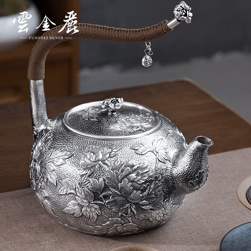 Yun Jinli 999 Pure Silver Boil Kettle Kung Fu Tea Set Handmade Lift Boil Tea Kettle Investment Collection Gift to Teachers and Elders Silver Kettle Jinse Chunhua 763g, 1340ml