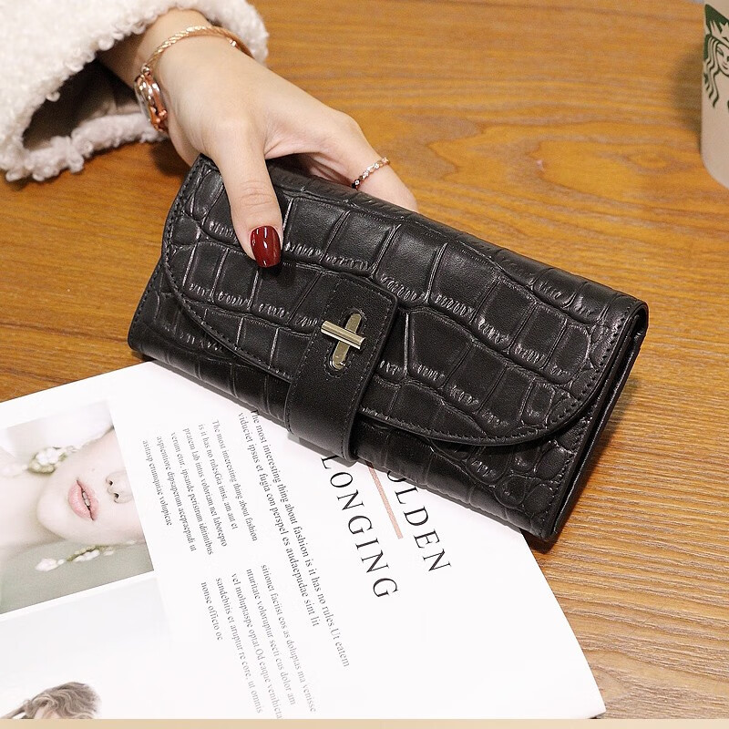 Sephoron 2026 New Long Wallet Women's Genuine Leather Large Capacity Mobile Phone Handbag Fashion Buckle Crocodile Pattern Cowhide Wallet Crocodile Pattern Black