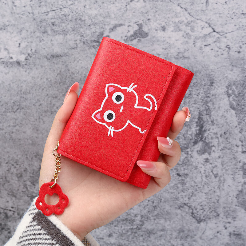 Changyin Cute Cartoon Wallet Women's Short Soft Leather Korean Style Fashion Tri-fold Buckle Small Fresh Student Coin Clip Multiple Card Slots Dark Pink