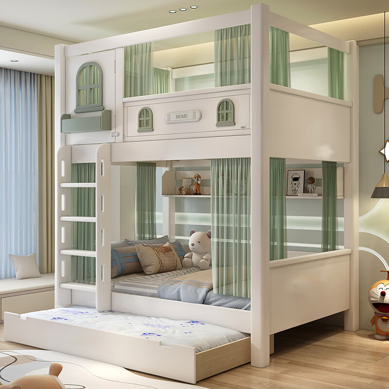 Jian Muxi all solid wood bunk bed with wardrobe combination split-level bed and table staggered bunk bed children's high and low bed upper bunk + bookcase desk + ladder cabinet 1.2*1.9 meters