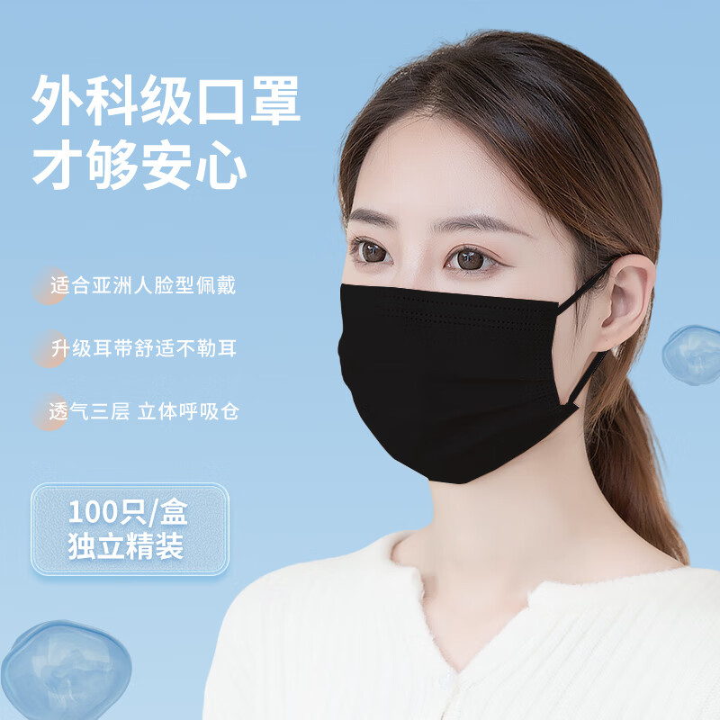 H&K Medical Surgical Mask Disposable Medical Breathable Protective Mask Individually packed 100 pieces/box black