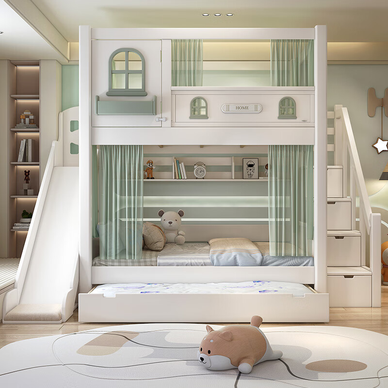 Jian Muxi all solid wood bunk bed with wardrobe combination split-level bed and table staggered bunk bed children's high and low bed upper bunk + bookcase desk + ladder cabinet 1.2*1.9 meters