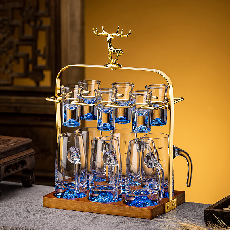 Depinte high-end liquor glass set light luxury household gold foil Jinshan wine dispenser wine set transparent style 10 pots 10 cups + elk cup holder