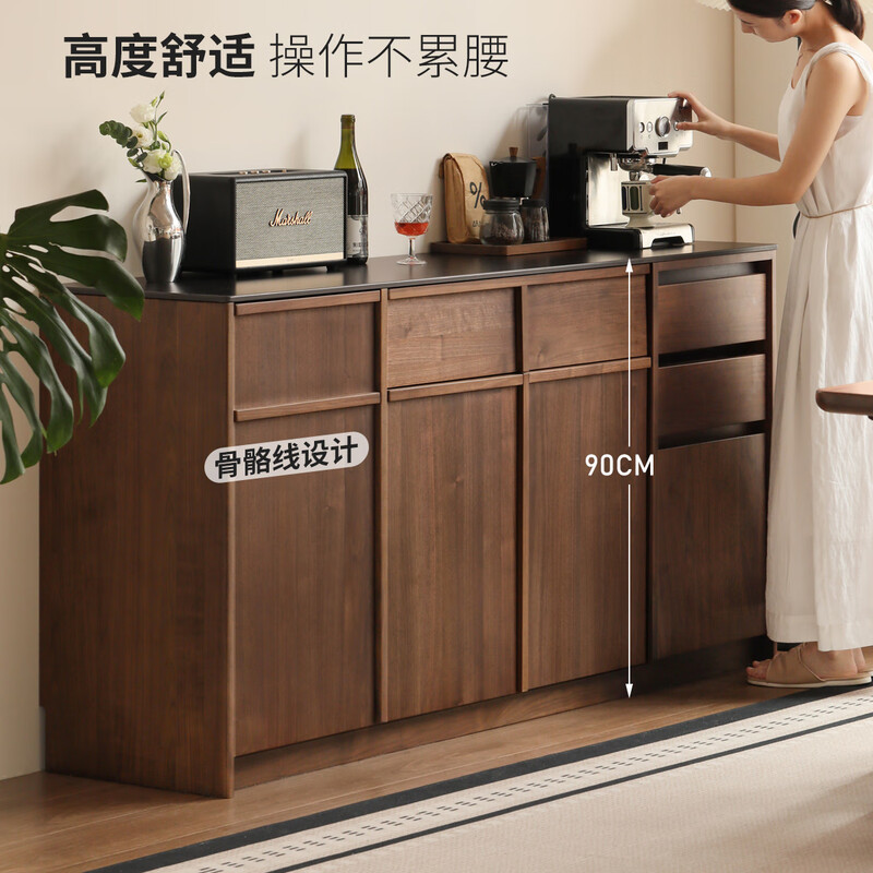 Genji Muyu solid wood sideboard restaurant slate storage cabinet black walnut light luxury cabinet home storage cabinet 1.5 meters pure black slate sideboard