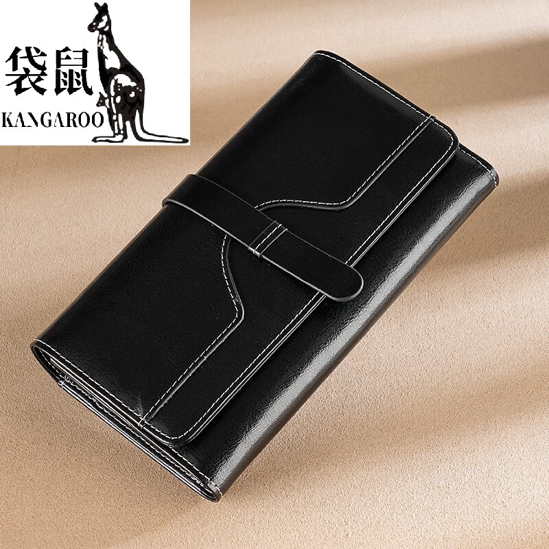 Kangaroo High Quality Women's Long Wallet 2024 Fashion New RFID Anti-Theft Brush Genuine Leather Clutch Women's Model Can Hold Mobile Phone Black