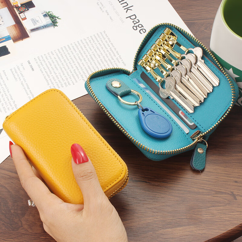 KUQIDAISHU key bag women's genuine leather exquisite mini large capacity home key bag key storage card bag integrated key chain brown