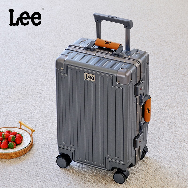 Lee Gaoyan aluminum frame multifunctional trolley suitcase leather handle suitcase large capacity password suitcase gun gray 20 inches