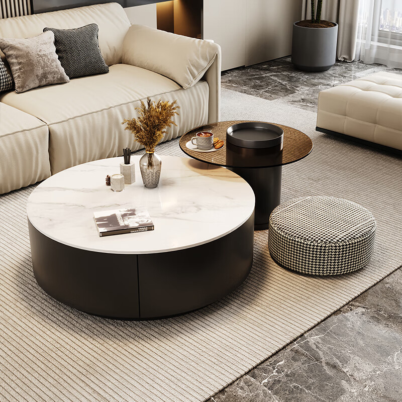 Mosu high-end slate coffee table living room light luxury coffee table small and large household table gray glass round modern simple coffee table cloud white + brown glass combination 80+60 complete set