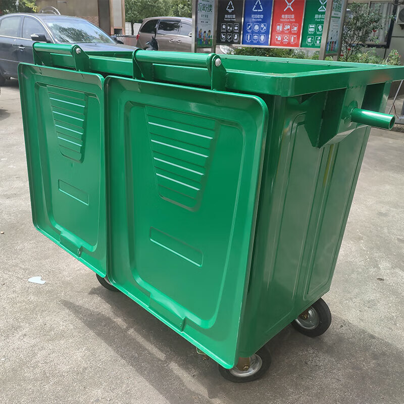 Miaopule sanitation iron 660L stainless steel 1100 liter hand push transfer bin with wheel cover universal wheel large hanging 660L galvanized sheet transfer box with universal wheel