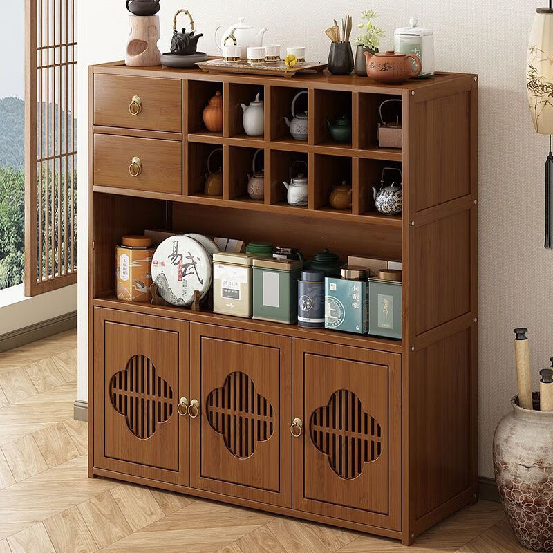 Jingci tea cabinet household tea room tea rack Bogu rack tea cabinet storage rack Chinese tea table table side cabinet tea set storage rack three layers long 50 left double drawer double door style thickened and reinforced