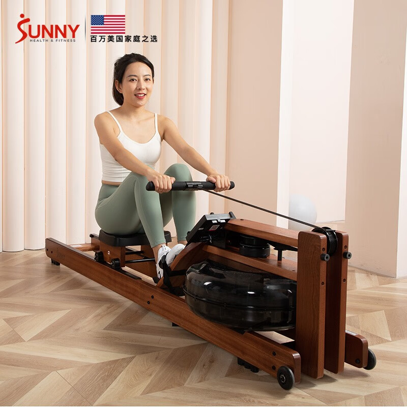 SUNNY American rowing machine household water resistance intelligent wooden rowing machine indoor sports fitness equipment rowing machine real-life APP | imported Sapele wood