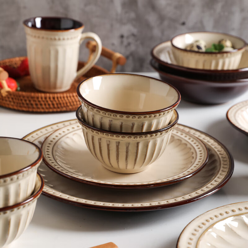 Sheli American retro embossed bowls and plates set household tableware bowls and chopsticks set simple internet celebrity ins style bowls and plates 6-person meal 29-piece set (exquisite gift box) See the second picture for details