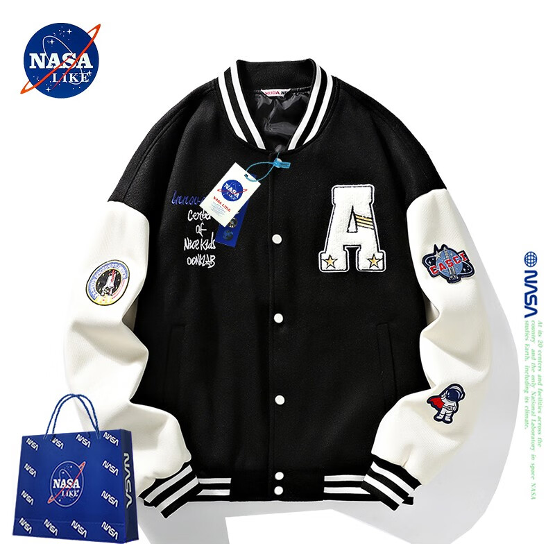 NASALIKE official jacket autumn and winter American towel embroidered baseball uniforms for men and women couples contrasting color stitching pilot men's jacket black XL (recommended 120-130 pounds)