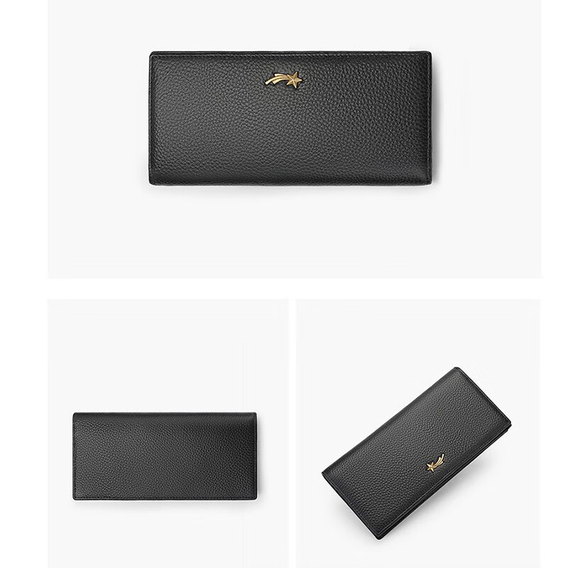 Scarecrow Wallet Women's Long Genuine Leather Wallet Zipper Position New 11 Card Position First Layer Cowhide Women's Wallet Large Capacity Buckle Black B