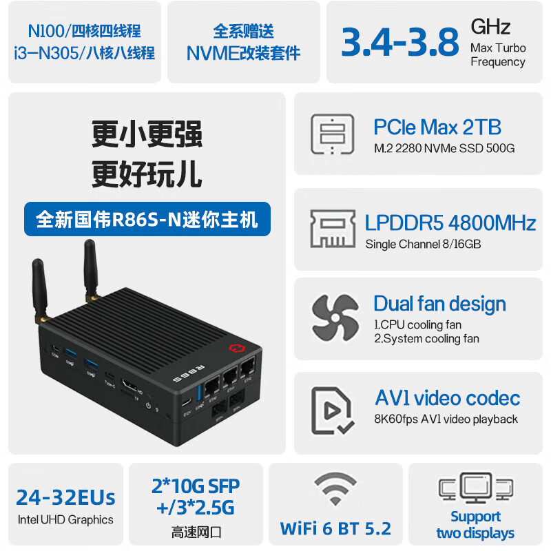 R86S-N 12th generation Intel N100 N305 10G Gigabit wifi6 Gigabit 2.5g mini host N100B black