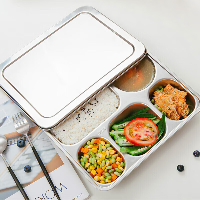 MAXCOOK 304 stainless steel dinner plate lunch box 5 compartments deepened and thickened compartments with lid fast food plate student lunch box MCFT724