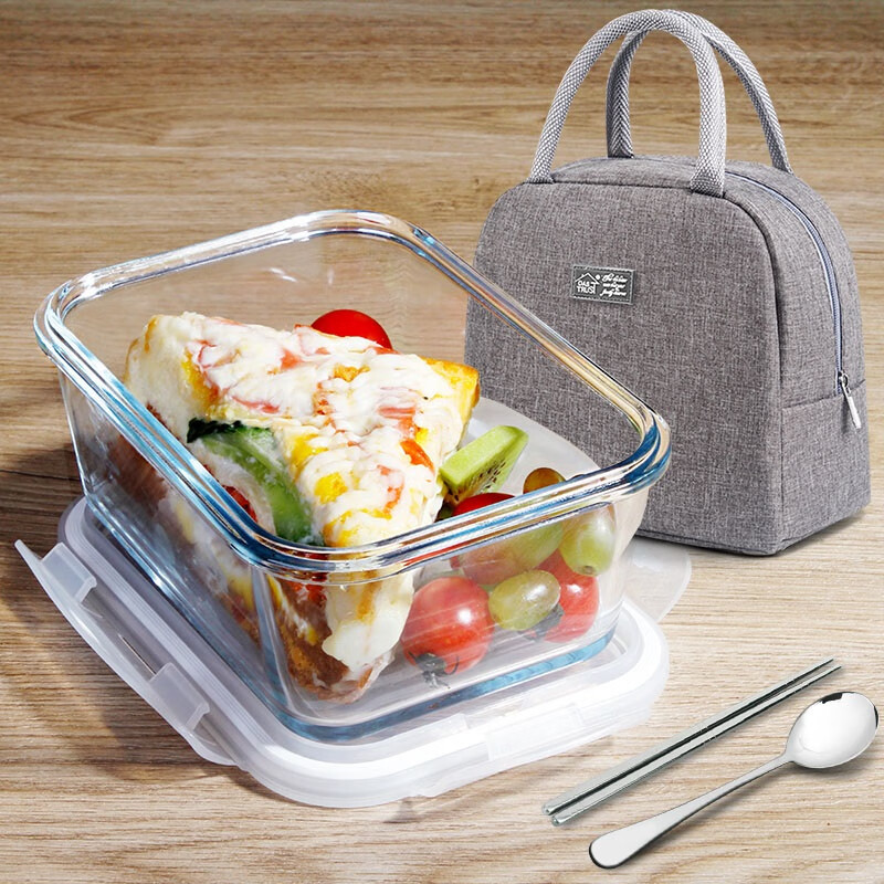 Chuangde heat-resistant glass crisper, microwave lunch box, lunch box for office workers, white plus height 1080ml + bag + tableware