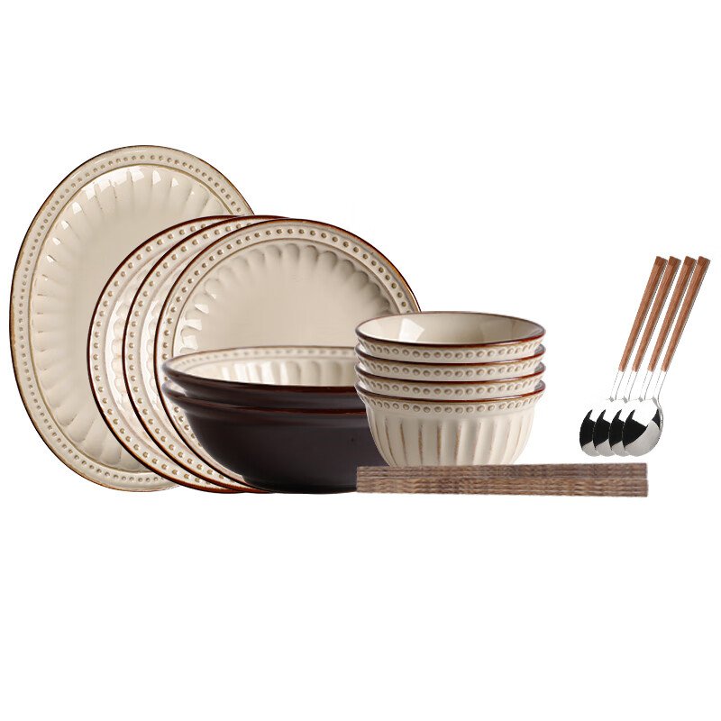 Sheli American retro embossed bowls and plates set household tableware bowls and chopsticks set simple internet celebrity ins style bowls and plates 6-person meal 29-piece set (exquisite gift box) See the second picture for details