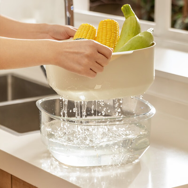 Modern Housewife Sink Basin Drain Basket Home Kitchen Double Layer Sink Basket Filter Water Wash Basin Living Room Fruit Plate Transparent White-Double Layer Sink Basin-Large-5L