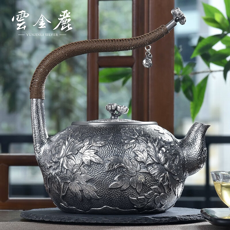 Yun Jinli 999 Pure Silver Boil Kettle Kung Fu Tea Set Handmade Lift Boil Tea Kettle Investment Collection Gift to Teachers and Elders Silver Kettle Jinse Chunhua 763g, 1340ml