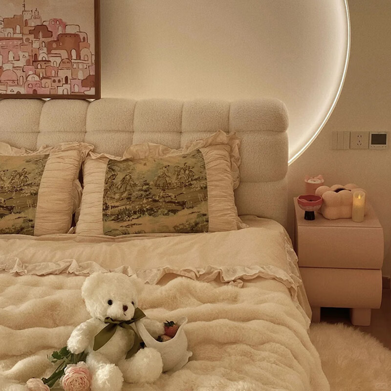 Cream style new Internet celebrity bed modern simple puff bed girls secondary master bedroom large bed light luxury fabric bed double bed light luxury fabric bed ready for delivery - delivery to home 1.5m*2.0m full bed frame structure