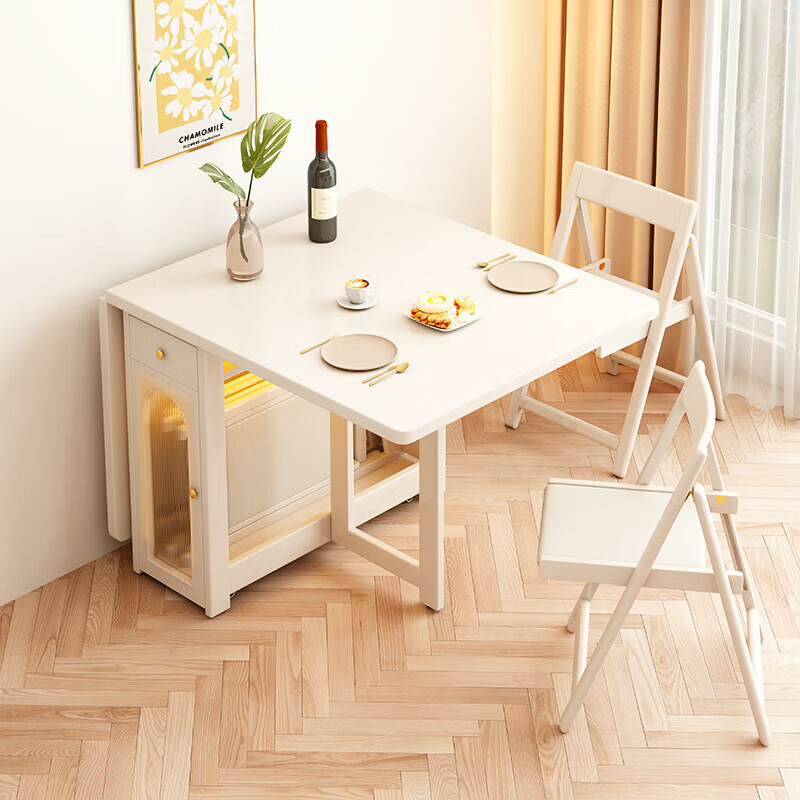 Senneng solid wood folding dining table cream style movable small-sized home Nordic retractable multi-functional dining table side cabinet 1.7 meters solid wood folding dining table + folding chairs *4