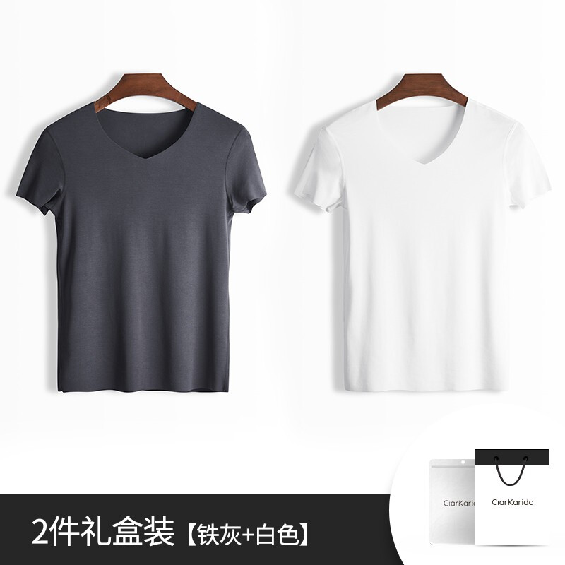 Clarkarida men's short-sleeved T-shirt men's modal seamless V-neck bottoming shirt slim solid color sweatshirt sports white fitness top iron gray + white XL (130-150 pounds)