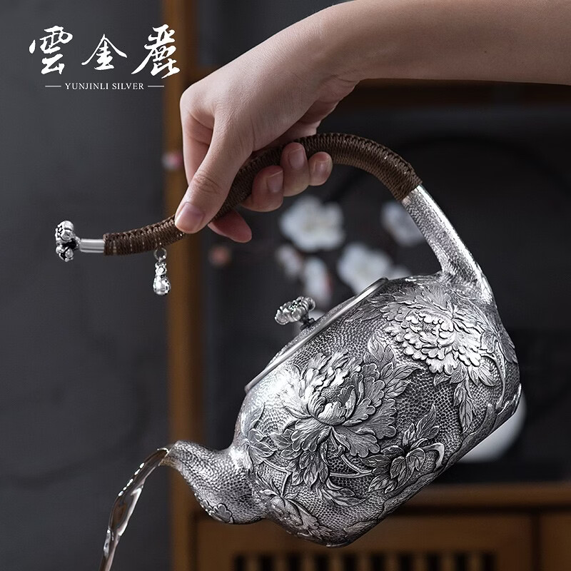 Yun Jinli 999 Pure Silver Boil Kettle Kung Fu Tea Set Handmade Lift Boil Tea Kettle Investment Collection Gift to Teachers and Elders Silver Kettle Jinse Chunhua 763g, 1340ml