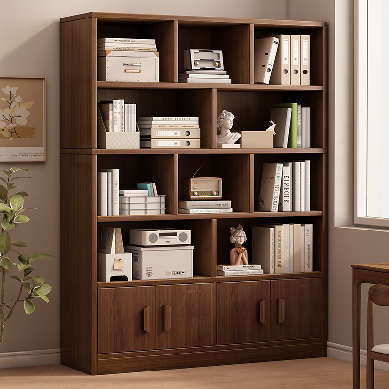 BENMUZIZAI solid wood bookshelf floor-standing storage rack multi-layer living room wall cabinet locker student storage home bookcase 15MM thickened solid wood ecological board 60cm dark walnut color