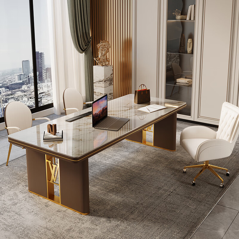 Yuechang slate desk light luxury modern simple desk home study workbench with socket high-end boss desk 1.8 meters desk Carrara gold + main chair