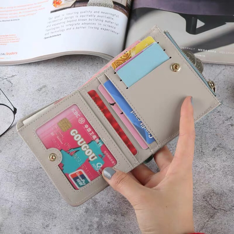 Ins card holder wallet all in one female short style student Korean style cute Japanese girl simple thin folding cat coin clip gray blue