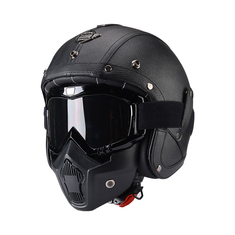 C-RIDING Motorcycle Helmet Cruiser Motorcycle Retro Three-quarter Half Helmet Men's Winter Cycling Helmet Electric Vehicle Women's Safety Black with Mask L (58-59 Head Circumference)