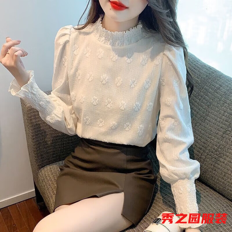 Verse Puff Sleeve Chiffon Shirt Women's Autumn and Winter New Style Fashionable Age-Reducing Shirt Half Turtle Collar Lace Bottoming Top Apricot Plus Velvet XL 120-130 Jin