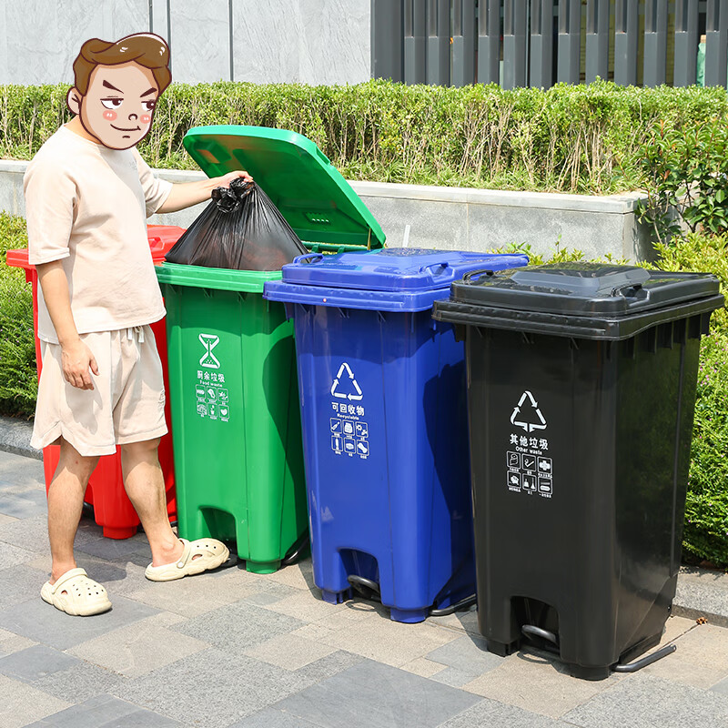 Kai Tak foot-operated classification trash can thickened cover with wheels commercial barrel property community sanitation large trash can kitchen dining foot-operated plastic barrel foot-operated type green (food waste) 240L capacity 73*59*107cm sanitation can be trailered