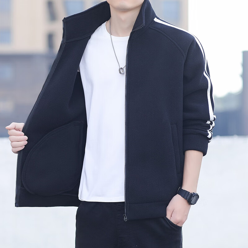 Guqian Jacket Men's Autumn and Winter Casual Loose Stand-Collar Jacket Men's Fleece Warm Striped Polar Fleece Coat Top Clothes Green L - Recommended 120-140 catties