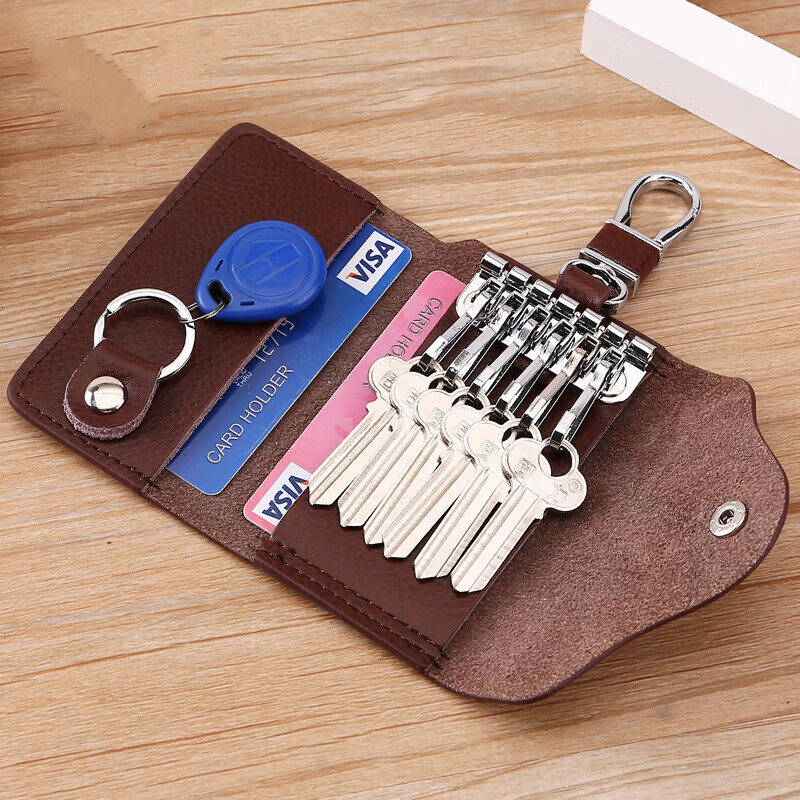 CLCEY Korean style key bag men's genuine leather car key bag waist hanging cowhide multi-functional zipper key bag buckle brown