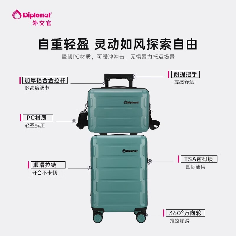 Diplomat diplomat suitcase, compact, carry-on business, boardable, adjustable shoulder strap, travel cosmetic case TC-2608I, mint green, 16-inch + 13-inch combination