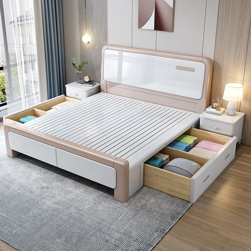 First year all solid wood bed light luxury bed modern simple master bedroom double bed white high box storage wedding bed bedroom furniture silent bed + bedside table * 1 + Tencel latex mattress 1.8 meters * 2 meters frame style