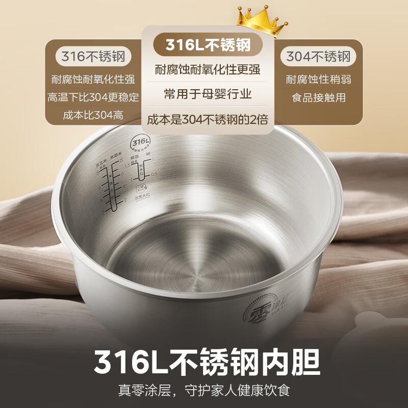 Midea rice cooker 0-coated rice cooker 4 liters 316L stainless steel inner pot for 3-4 people household multifunctional uncoated micro-pressure smart reservation MB-RE476S