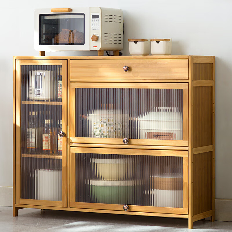 Trojan kitchen shelf Nordic sideboard microwave oven home living room cabinet home solid wood multi-function storage cabinet wine cabinet Changhong transparent door four doors 135 long