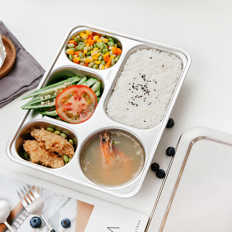 MAXCOOK 304 stainless steel dinner plate lunch box 5 compartments deepened and thickened compartments with lid fast food plate student lunch box MCFT724