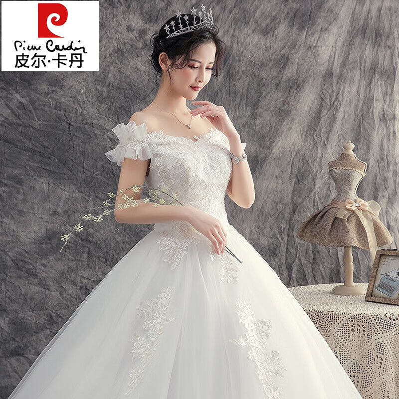 Pierre Cardin light wedding dress 2025 new bridal main gauze pregnant woman small French palace style one-shoulder simple floor-length winter WX20-10 white floor-length style 3XL weight about 140 pounds