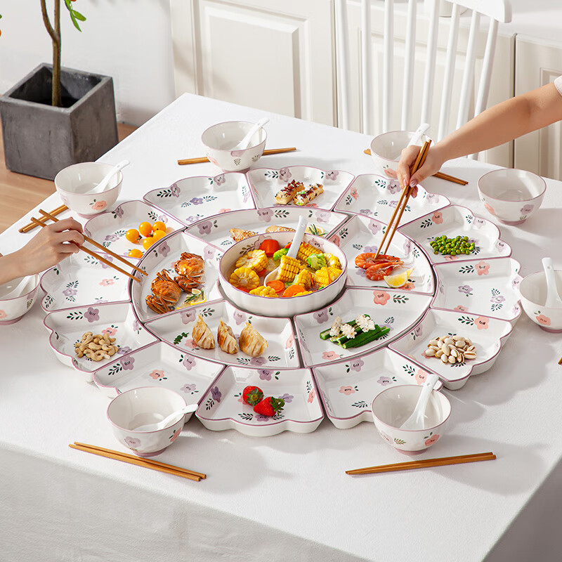 Sumeiji Chinese style bowls, plates and tableware complete set of platter combination for New Year family reunion round table ceramic dishes set, double circle platter - 18 pieces set + 10 bowls, chopsticks and spoons, 48 heads