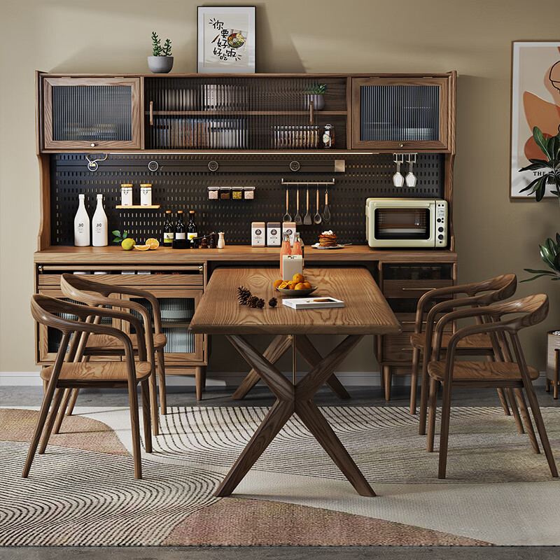 Weekend island coffee machine operation table Nordic solid wood sideboard dining table integrated wall high cabinet with built-in table wine cabinet living room 165*45*180 (with power track) Walnut 1