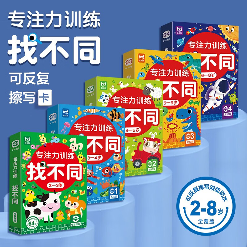 Focus training, find the differences, 2-3 years old, zero basics (boxed), children's left and right brain, whole brain intelligence development, fun, find the differences, hands-on brain game cards, everyone can find differences together, the game book can be erased repeatedly