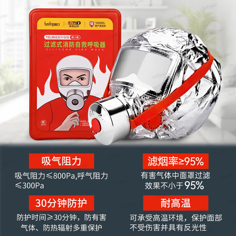 Quxing gas mask anti-smoke and fire mask national standard 3C fire escape self-rescue respirator silicone model 2 adults 1 child