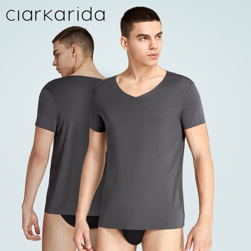 Clarkarida men's short-sleeved T-shirt men's modal seamless V-neck bottoming shirt slim solid color sweatshirt sports white fitness top iron gray + white XL (130-150 pounds)