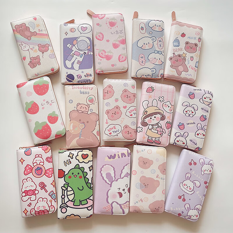 Chenwen children's wallet women's long small fresh zipper large capacity money clip mobile phone storage girl cute card holder long wallet loveyou bear head